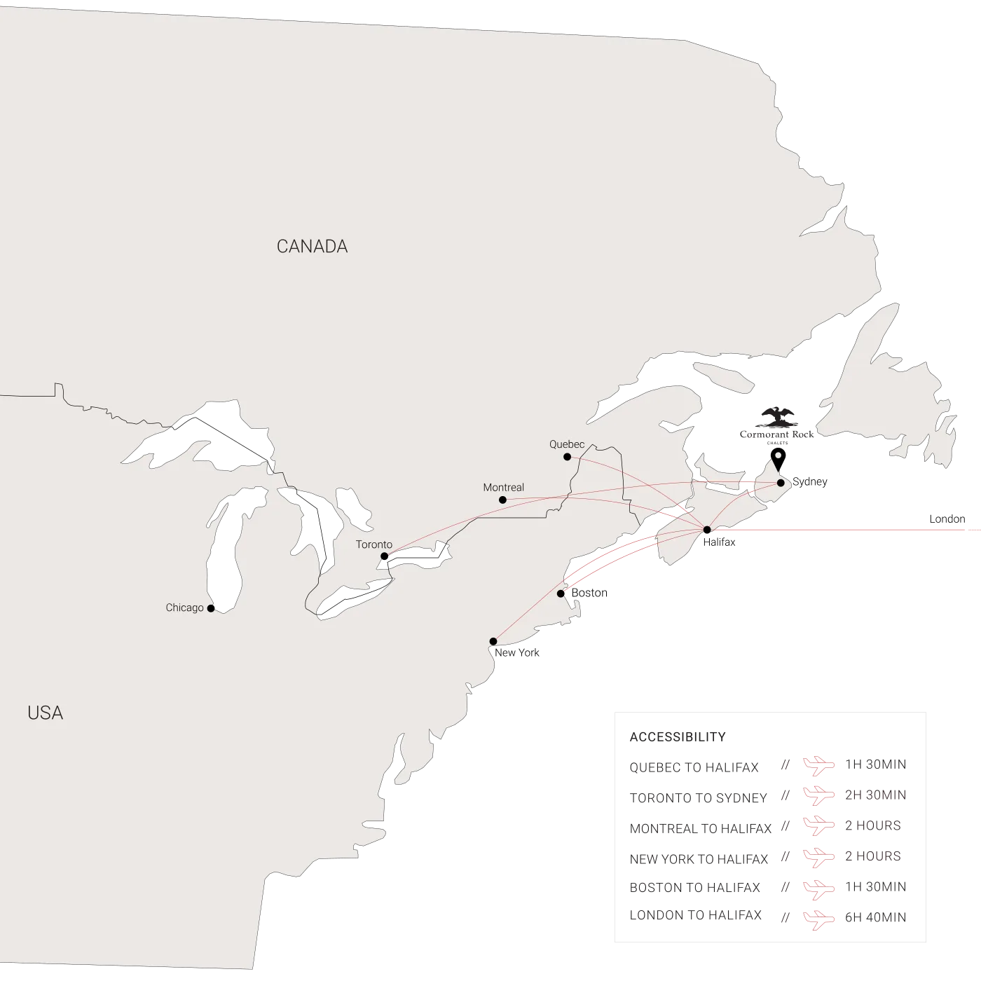 Map of eastern Canada and the north-eastern United States with flight routes to Halifax and Sydney from Quebec, Toronto, Montreal, New York, Boston and London