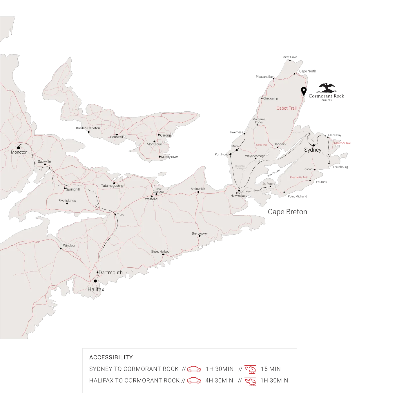 Map of Nova Scotia and Cape Breton Island with the Cabot Trail and Cormorant Rock in Ingonish, and the drive from Sydney and Halifax