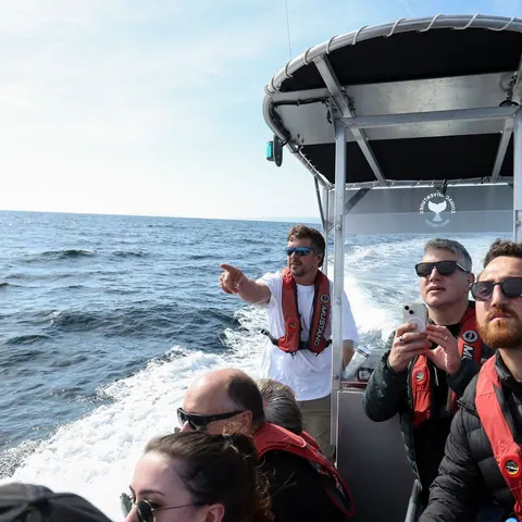 Guests in life jackets pointing out wildlife from a tour boat
