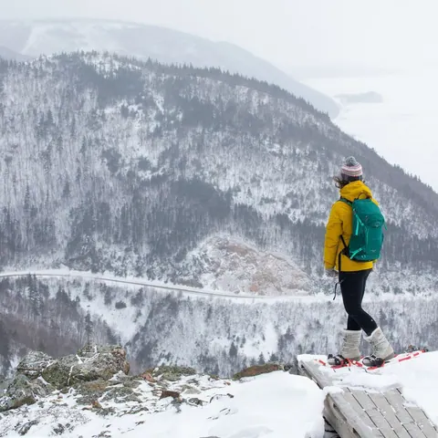 Snowshoer in a yellow jacket looking over a snowy valley