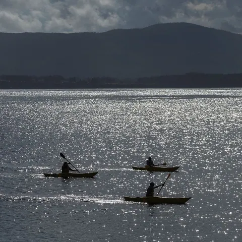 Three kayakers paddling across sparkling water