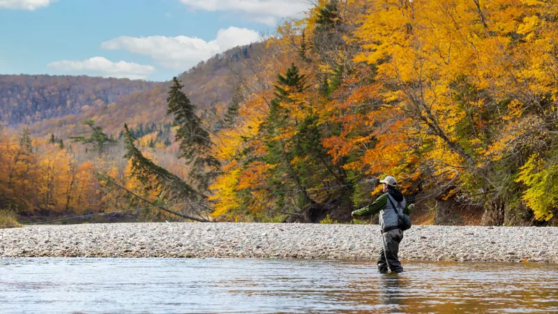 Fly fisherman wading a river below autumn hills