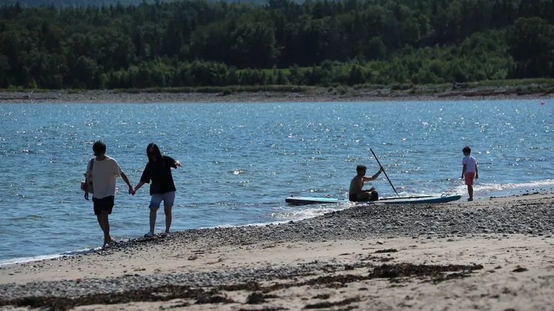 Family on the beach with a paddleboard at the water’s edge