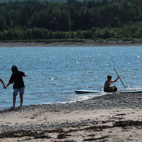 Family on the beach with a paddleboard at the water’s edge