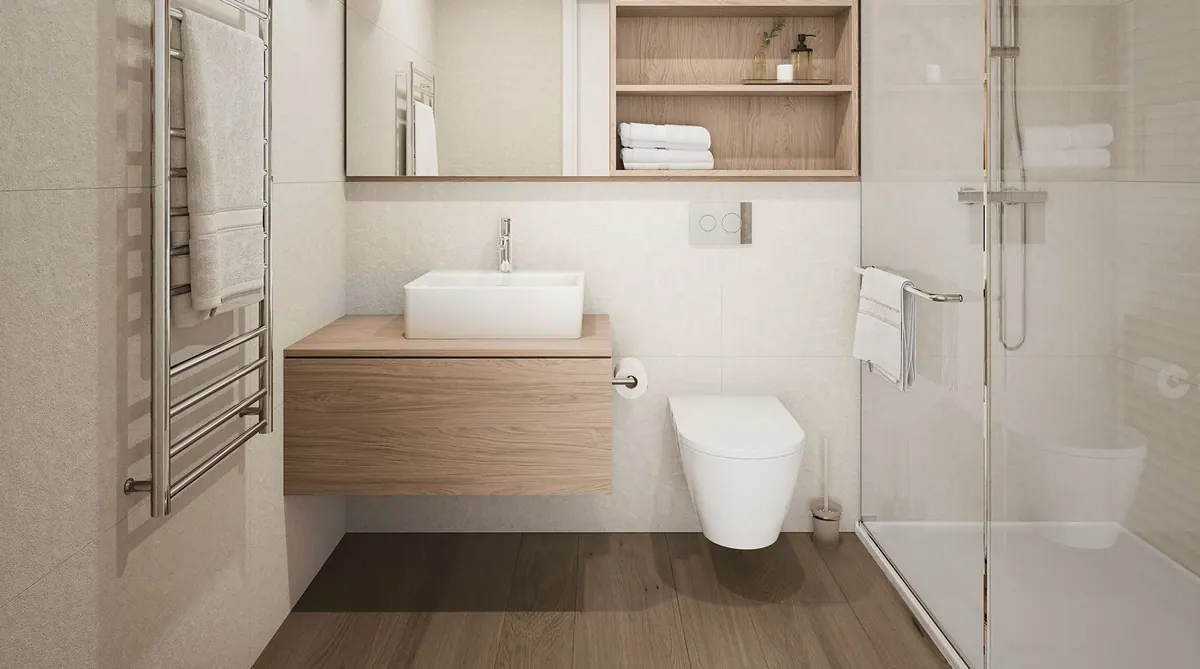 Bathroom with oak-toned vanity, large-format Porcelanosa tiles and a glass shower
