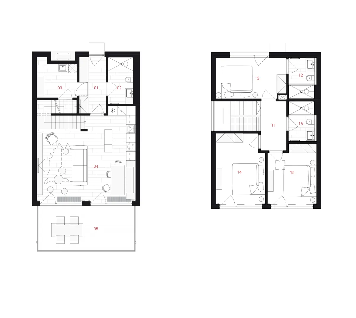 Floor plans of the chalet: ground floor with entrance, utility room, bathroom, living room with kitchen and terrace; upper floor with three bedrooms and two bathrooms