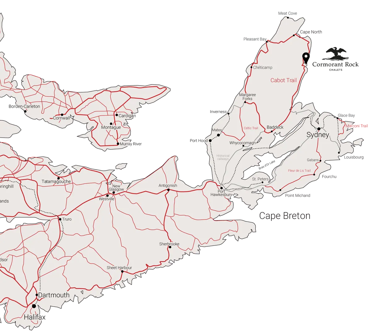 Map of Nova Scotia and Cape Breton Island showing Cormorant Rock in Ingonish on the Cabot Trail, with Sydney and Halifax