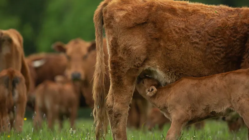 Cow and calf in a green pasture