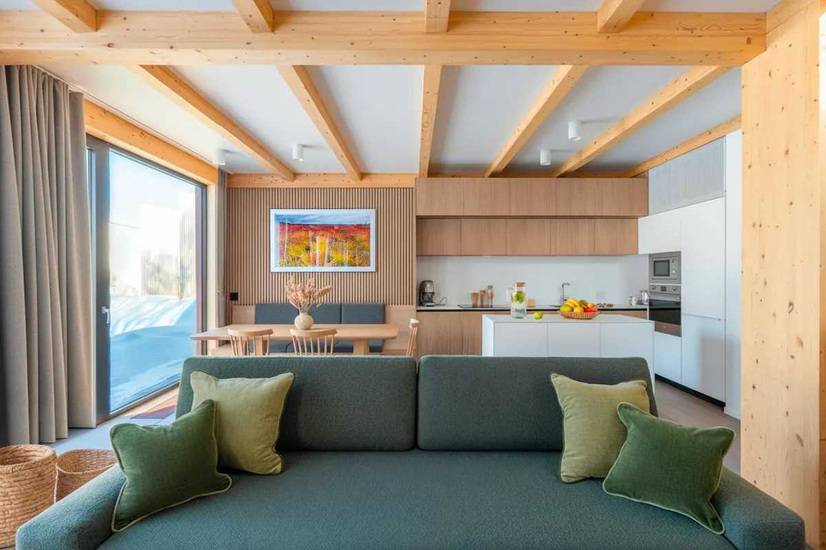 Light-filled chalet interior with large windows onto the bay