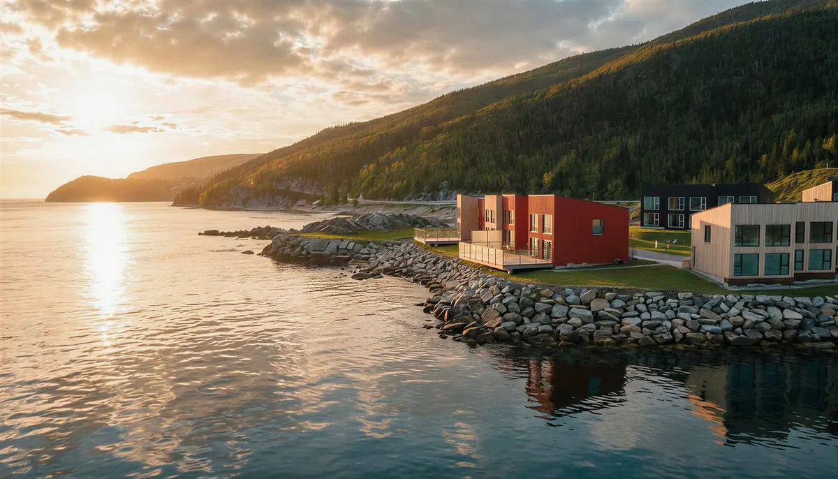 Chalets on the rocky point glowing in the golden evening light, the calm sea reflecting the sky