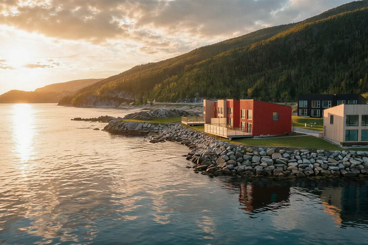 Row of new chalets by the bay with green hills behind