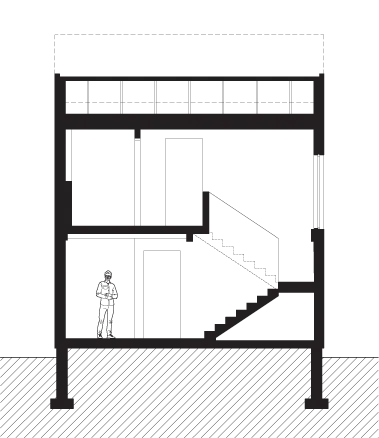 Cross section drawing showing the staircase between the two levels