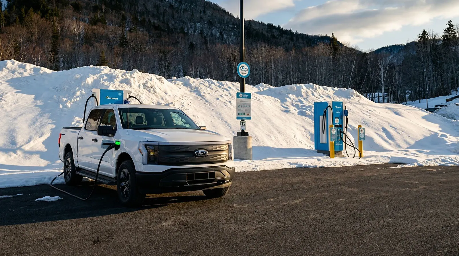 Electric pickup truck plugged into a fast charger in a snowy parking area at Cape Smokey