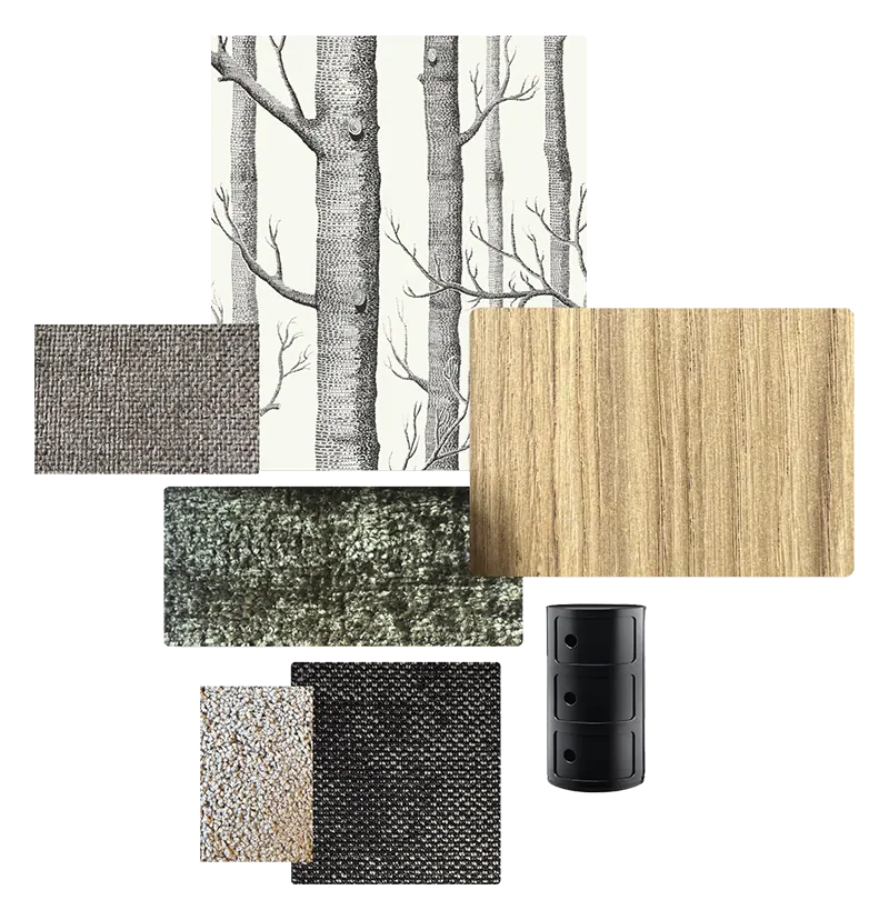 Green scheme: moss-green textile, oak veneer, birch-tree wallpaper and a black Kartell storage unit