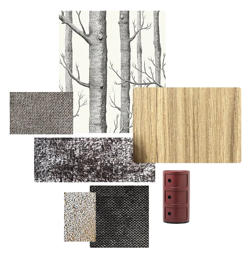 Grey scheme: grey melange textile, oak veneer, birch-tree wallpaper and a red Kartell storage unit