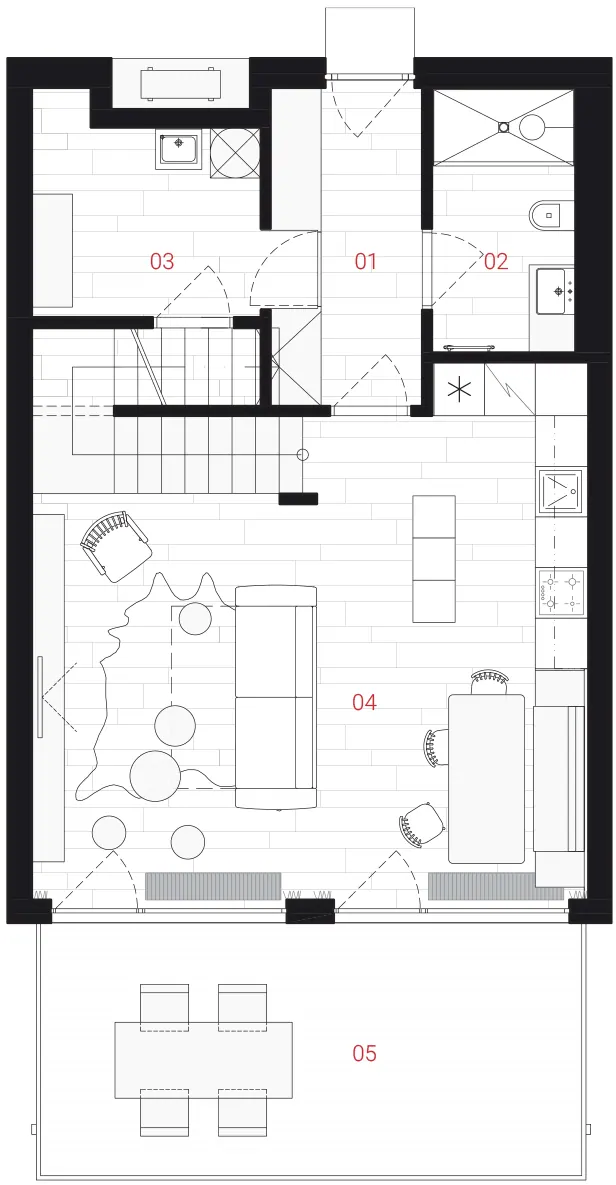 Ground floor plan: entrance, utility and laundry, bathroom, living room, kitchen and dining, outdoor terrace