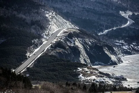 The Cabot Trail winding along a snowy mountainside