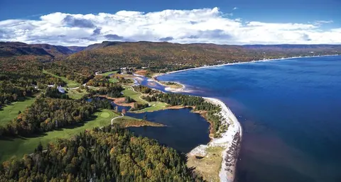 Aerial view of the Ingonish coastline and Highlands Links golf course