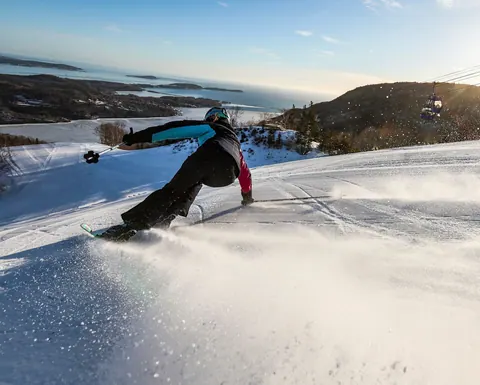 Skier carving fresh snow above the ocean