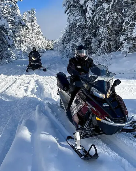 Snowmobiling in the backcountry near Cape Smokey