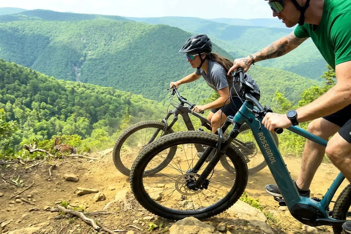 Rider on an e-bike climbing a forest trail above the Cape Breton Highlands