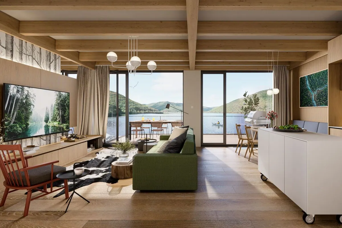 Open-plan living and dining area in natural materials