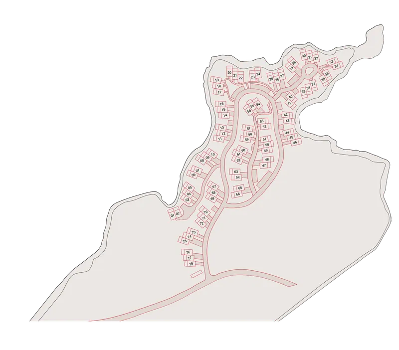 Area map of Cormorant Rock: the chalets set along a sheltered bay, with the access road