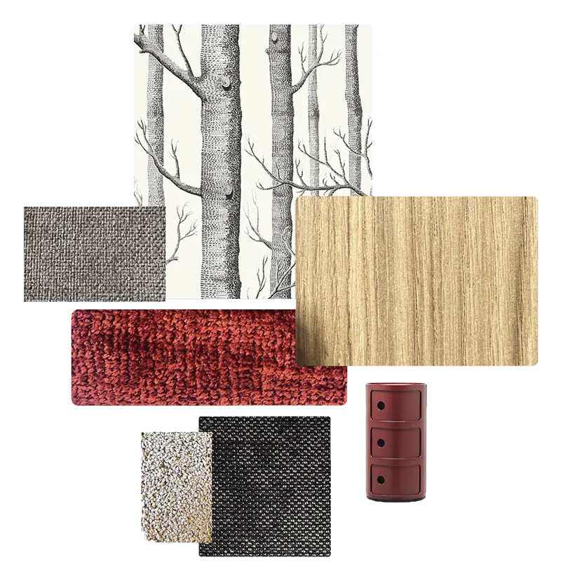 Moodboard of oak veneer, burgundy and charcoal textiles, birch-tree wallpaper and a red storage unit