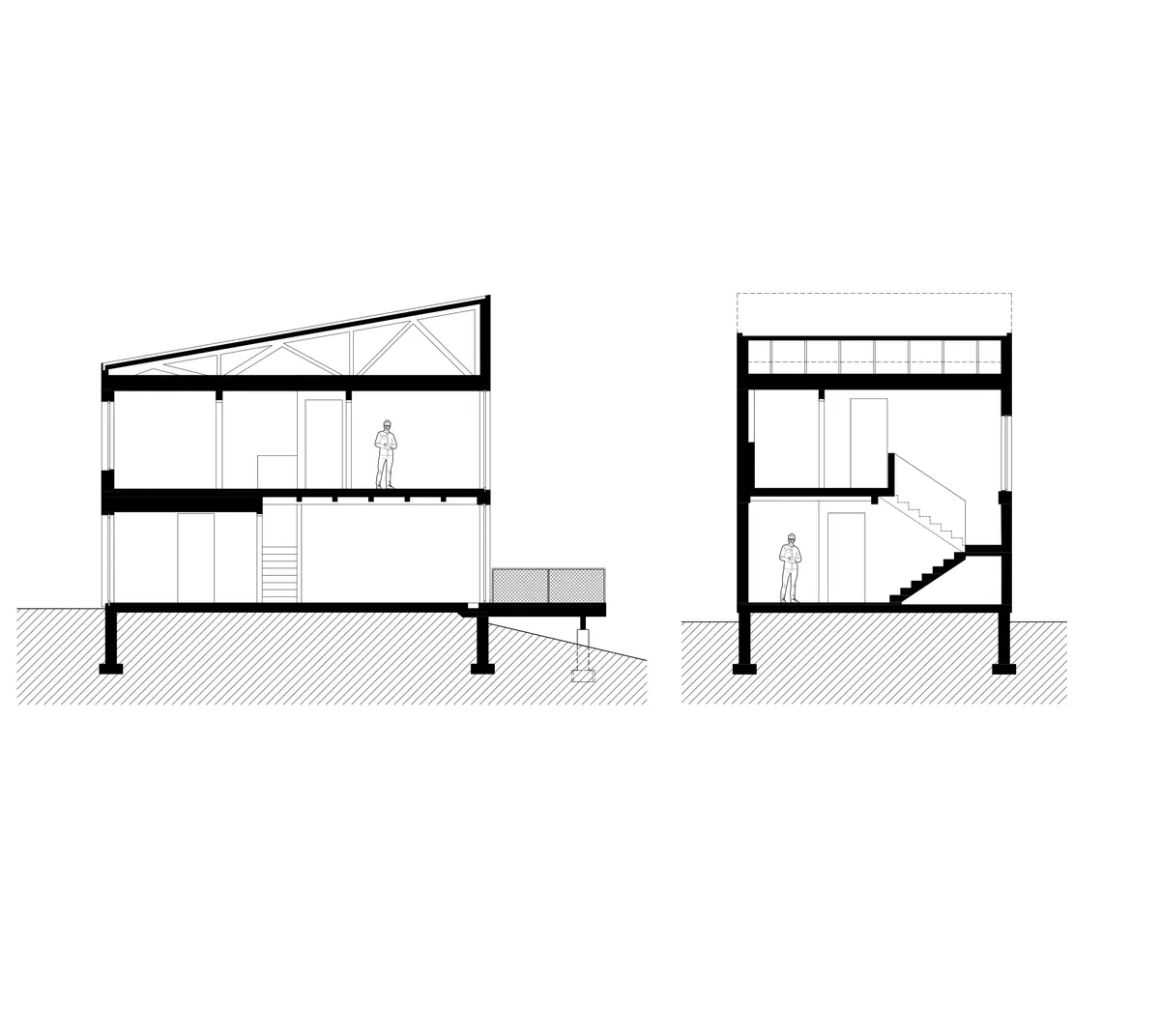Longitudinal and cross section drawings of the chalet