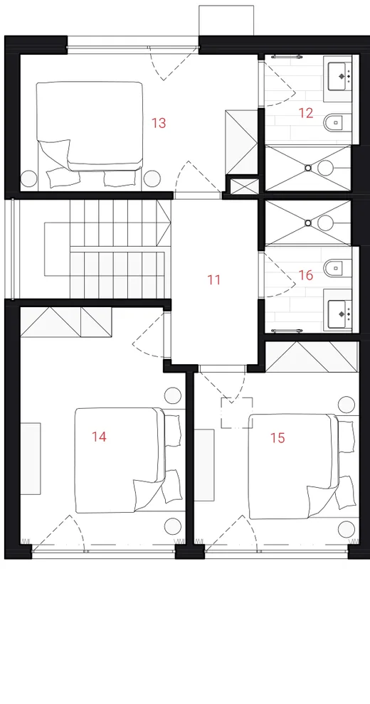 Upper floor plan: three bedrooms, main bedroom with en-suite bathroom, second bathroom and staircase hall