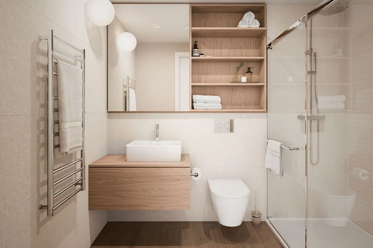 Bathroom with oak vanity and large-format tiles